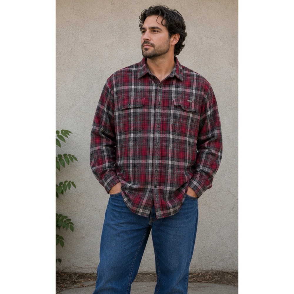 Eddie Bauer Men T2XL Classic Fit Plaid Flannel Button Down Shirt Red Grey Cotton